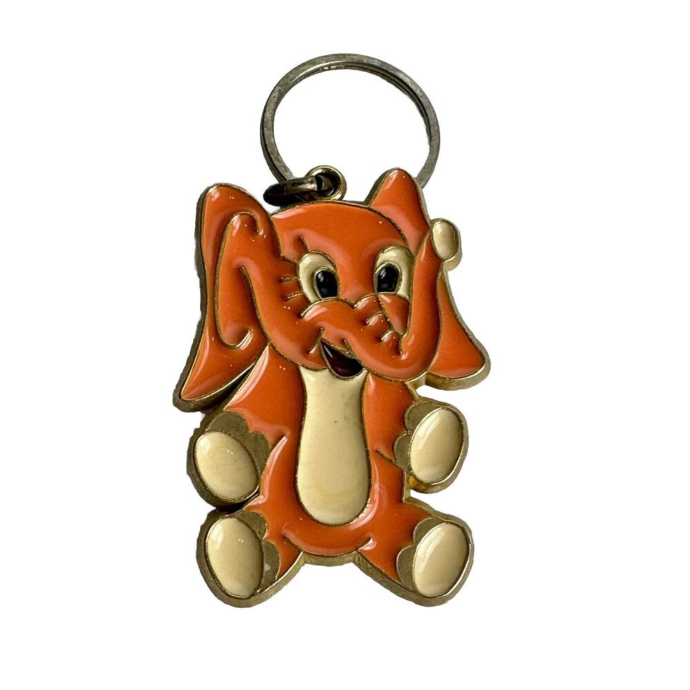 vintage 70s Cute Elephant Keychain Gold Pink Resin Made in USA
